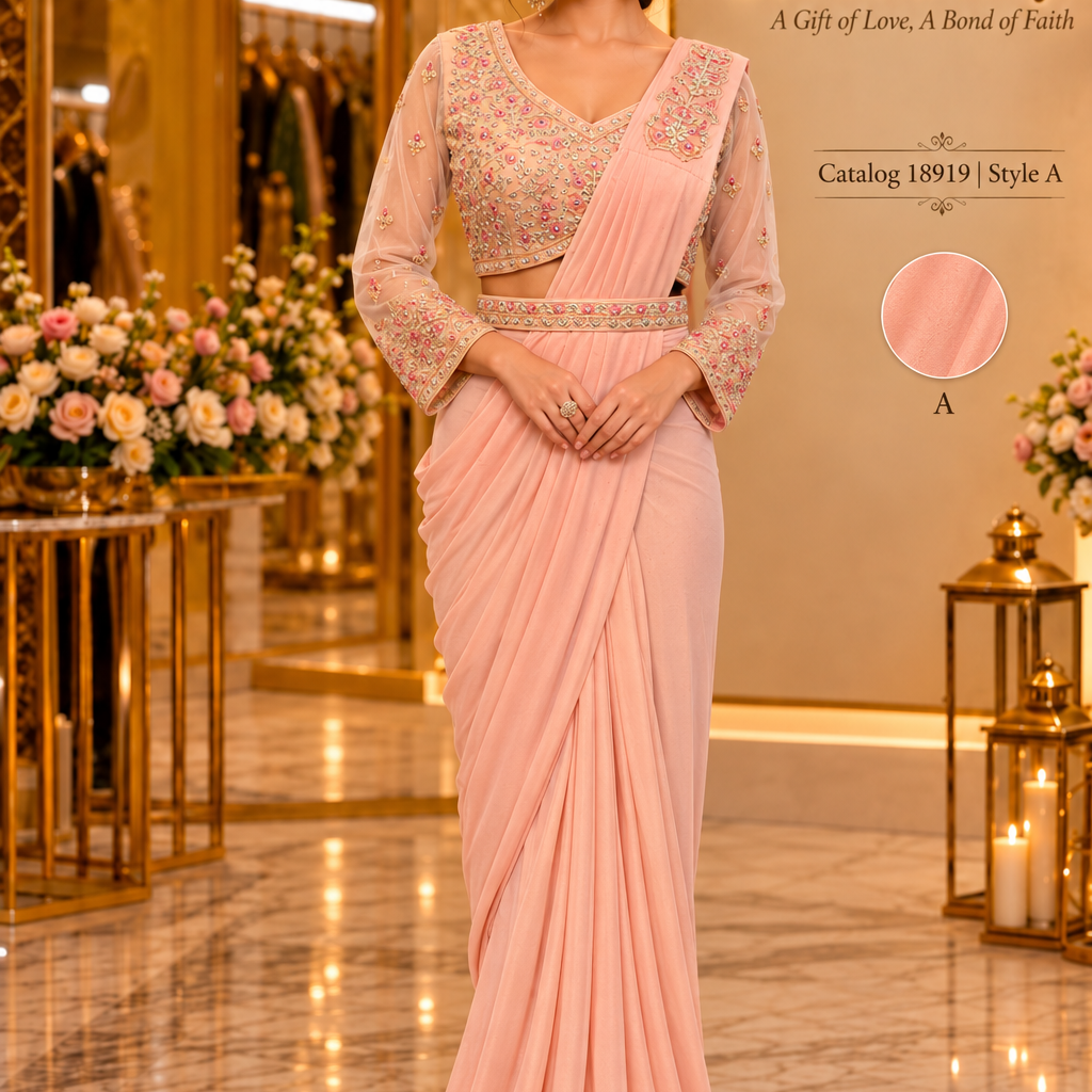 Catalog 18919 Style A model wearing light peach ready-made saree