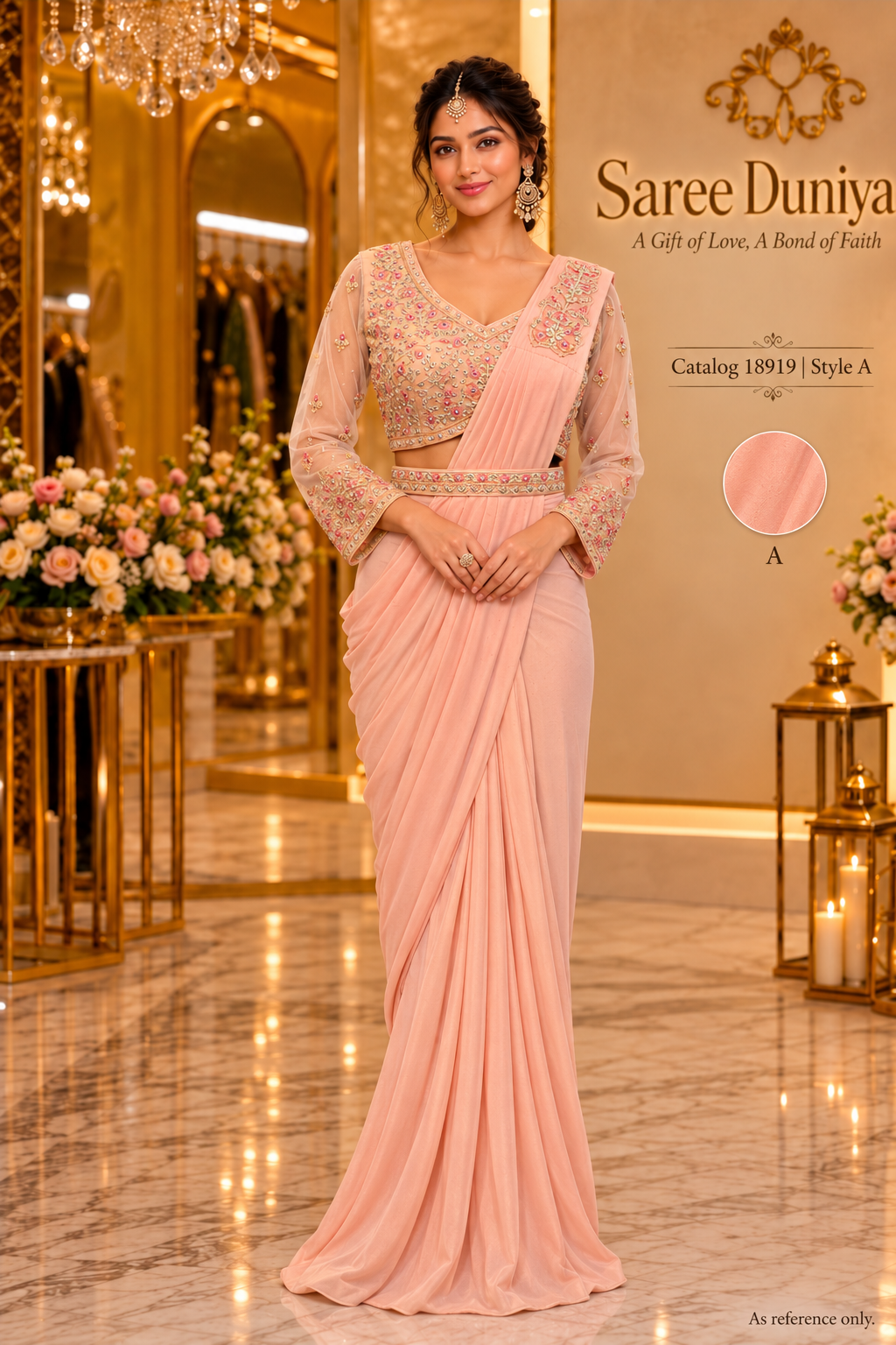Catalog 18919 Style A model wearing light peach ready-made saree
