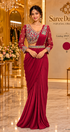 Catalog 18919 Style B model wearing wine ready-made saree with turquoise accents