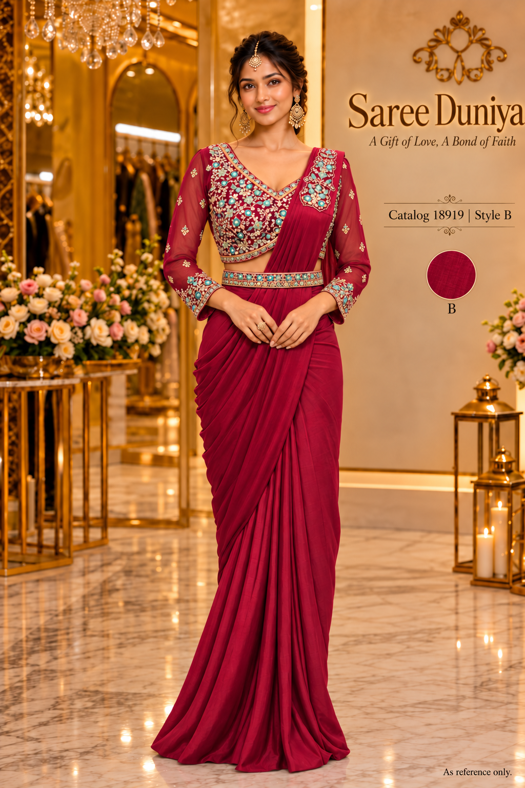 Catalog 18919 Style B model wearing wine ready-made saree with turquoise accents