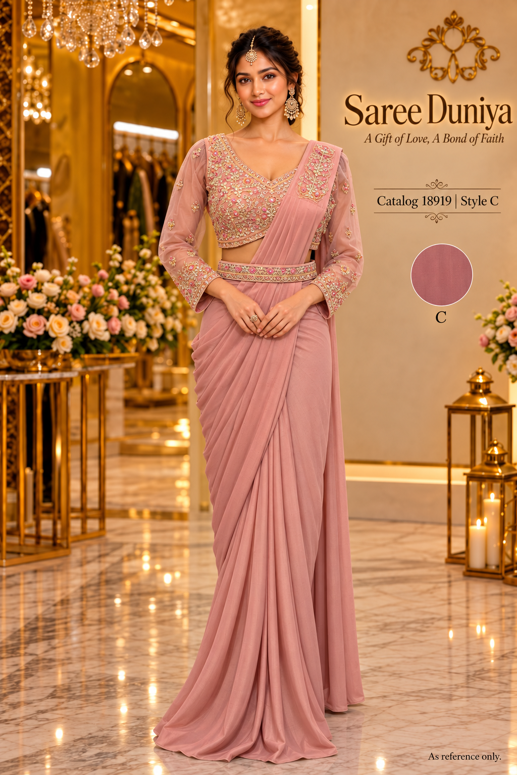 Catalog 18919 Style C model wearing dusty rose ready-made saree