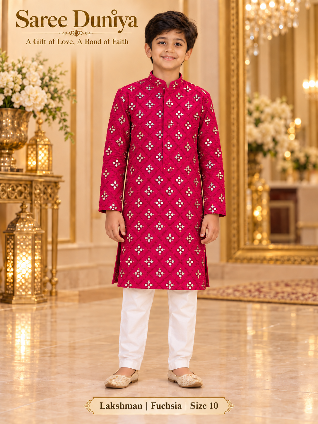 Lakshman Fuchsia size 10: age-appropriate child model wearing the embellished kurta and white polo pajama set.