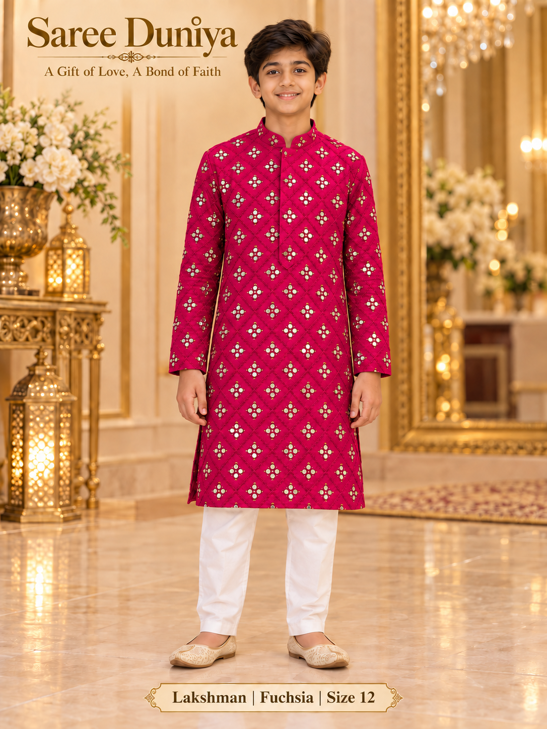 Lakshman Fuchsia size 12: age-appropriate child model wearing the embellished kurta and white polo pajama set.