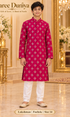 Lakshman Fuchsia size 14: age-appropriate child model wearing the embellished kurta and white polo pajama set.