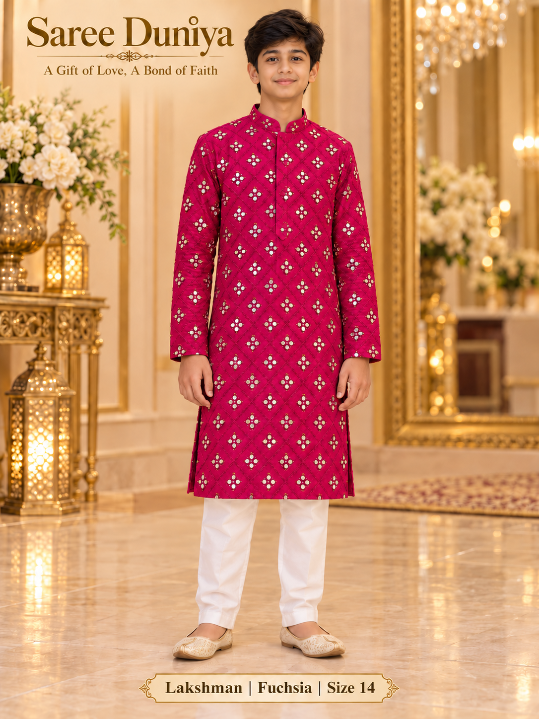 Lakshman Fuchsia size 14: age-appropriate child model wearing the embellished kurta and white polo pajama set.