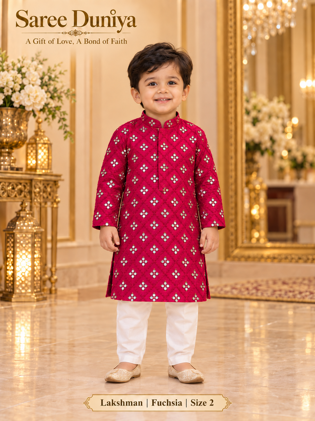 Lakshman Fuchsia size 2: age-appropriate child model wearing the embellished kurta and white polo pajama set.