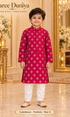 Lakshman Fuchsia size 4: age-appropriate child model wearing the embellished kurta and white polo pajama set.