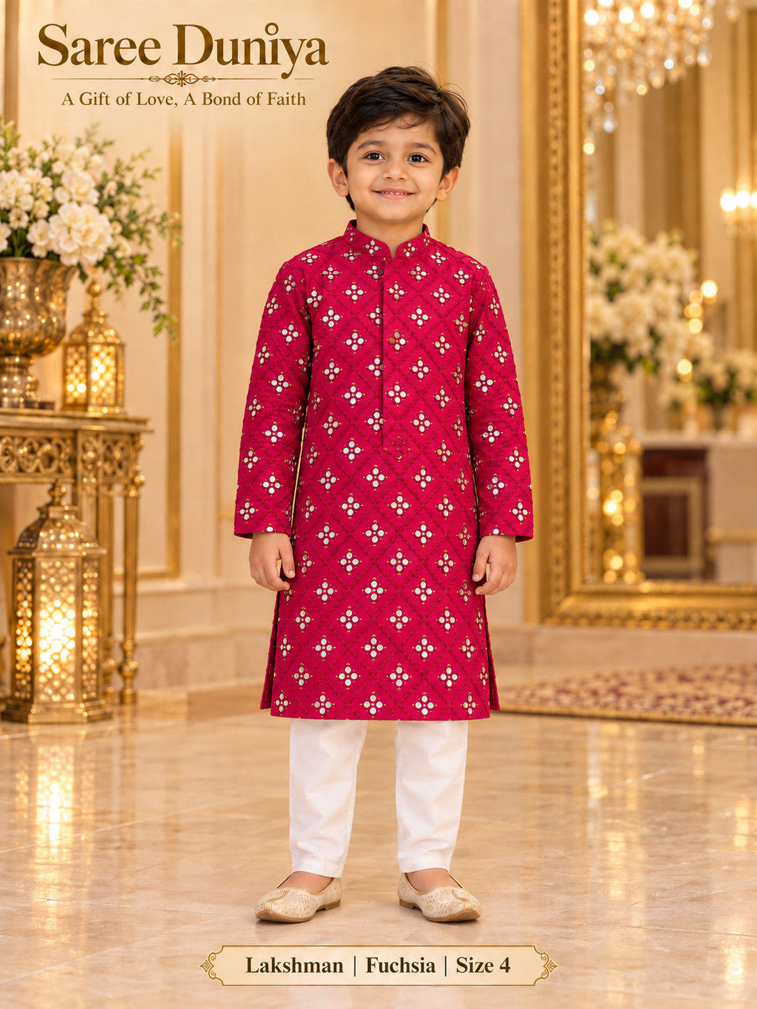 Lakshman Fuchsia size 4: age-appropriate child model wearing the embellished kurta and white polo pajama set.
