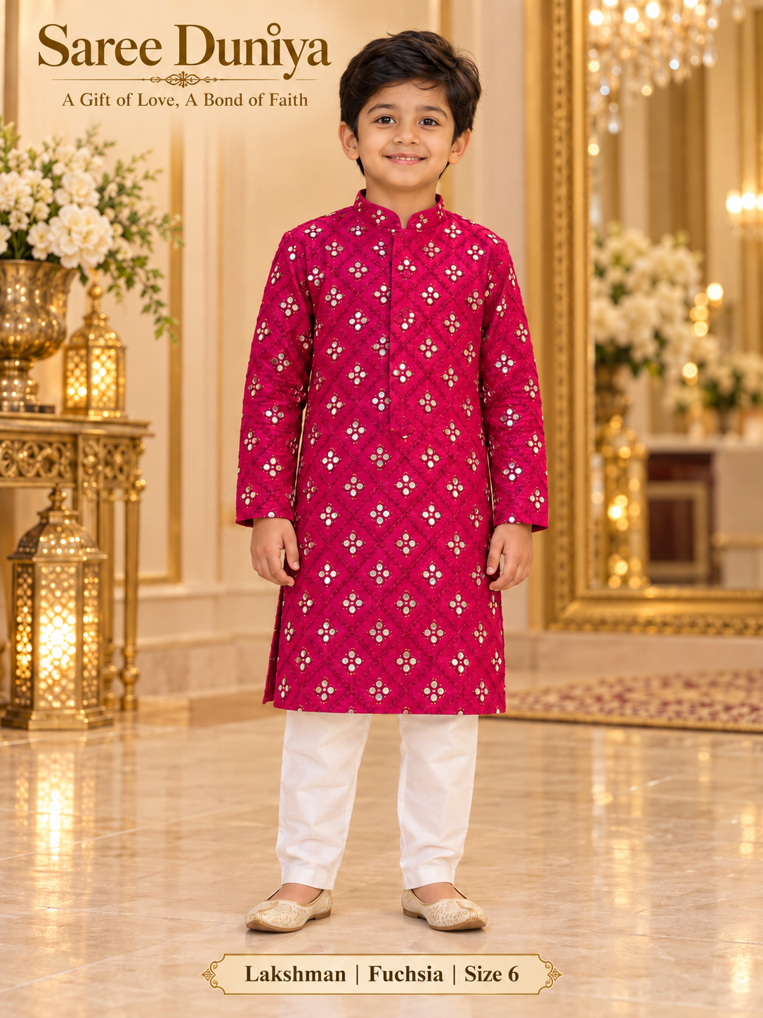Lakshman Fuchsia size 6: age-appropriate child model wearing the embellished kurta and white polo pajama set.