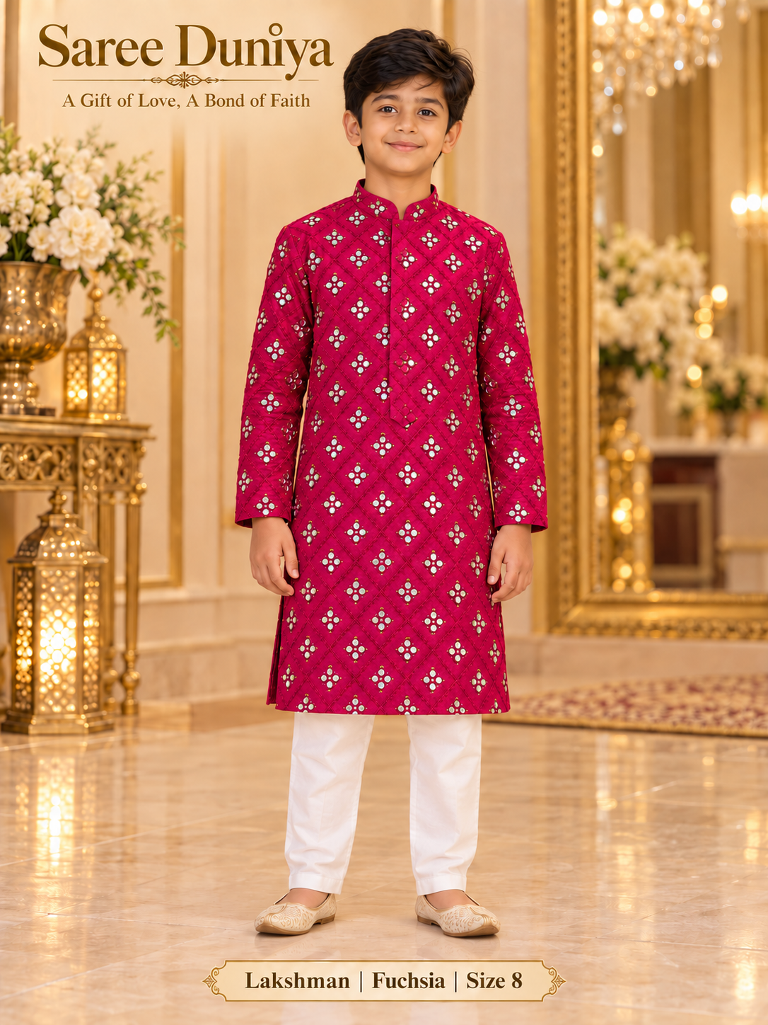 Lakshman Fuchsia size 8: age-appropriate child model wearing the embellished kurta and white polo pajama set.
