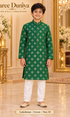 Lakshman Green size 10: age-appropriate child model wearing the embellished kurta and white polo pajama set.