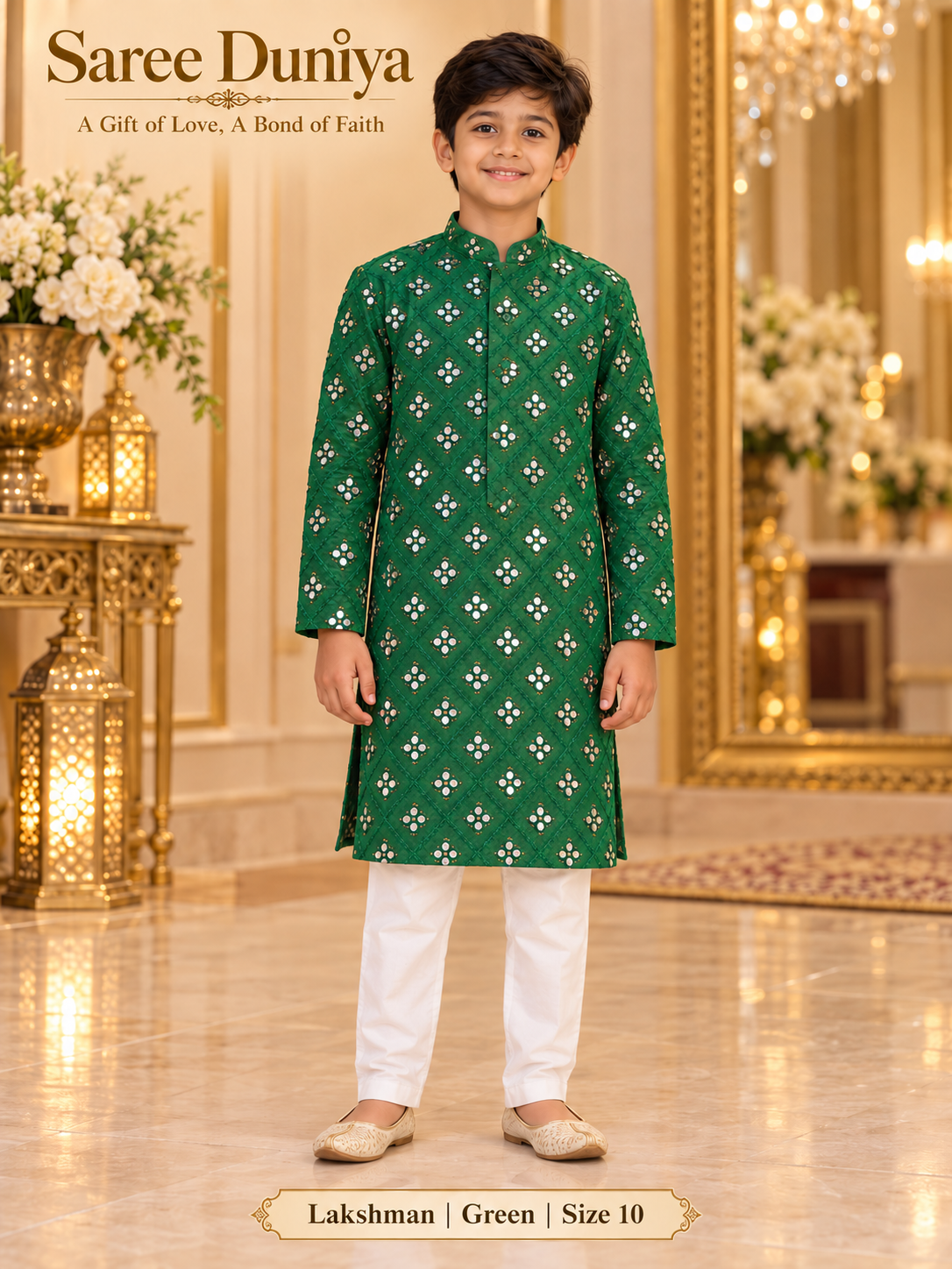 Lakshman Green size 10: age-appropriate child model wearing the embellished kurta and white polo pajama set.