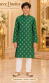 Lakshman Green size 12: age-appropriate child model wearing the embellished kurta and white polo pajama set.