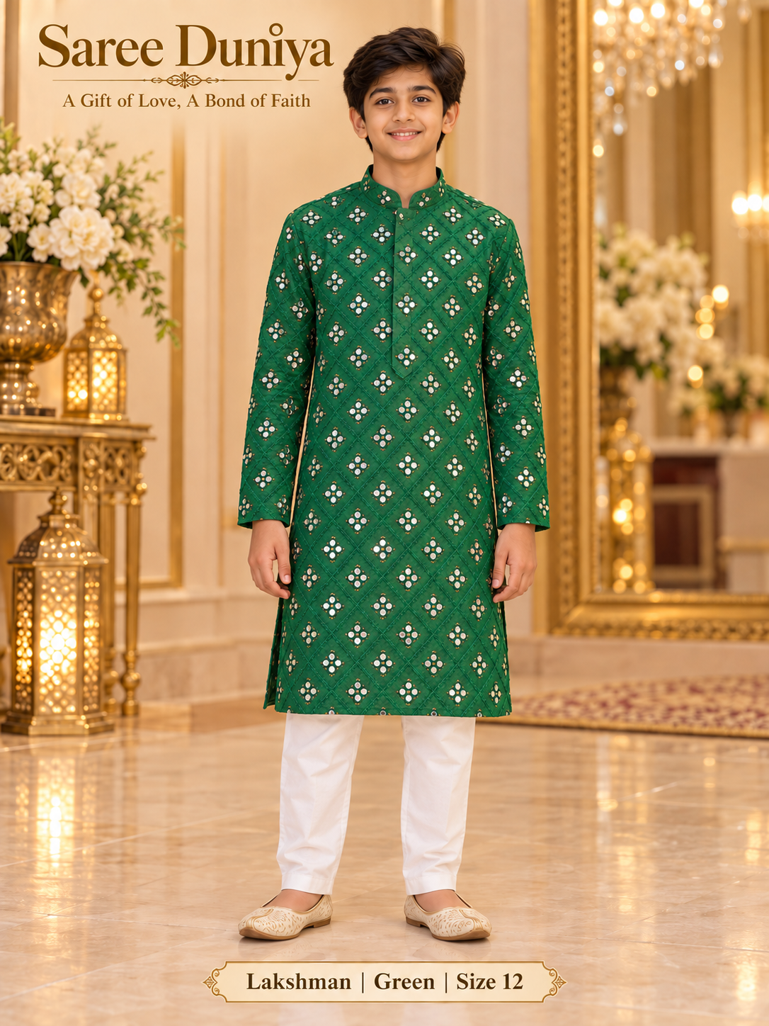 Lakshman Green size 12: age-appropriate child model wearing the embellished kurta and white polo pajama set.