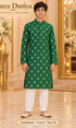 Lakshman Green size 14: age-appropriate child model wearing the embellished kurta and white polo pajama set.