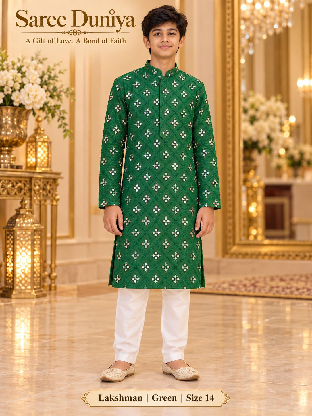 Lakshman Green size 14: age-appropriate child model wearing the embellished kurta and white polo pajama set.