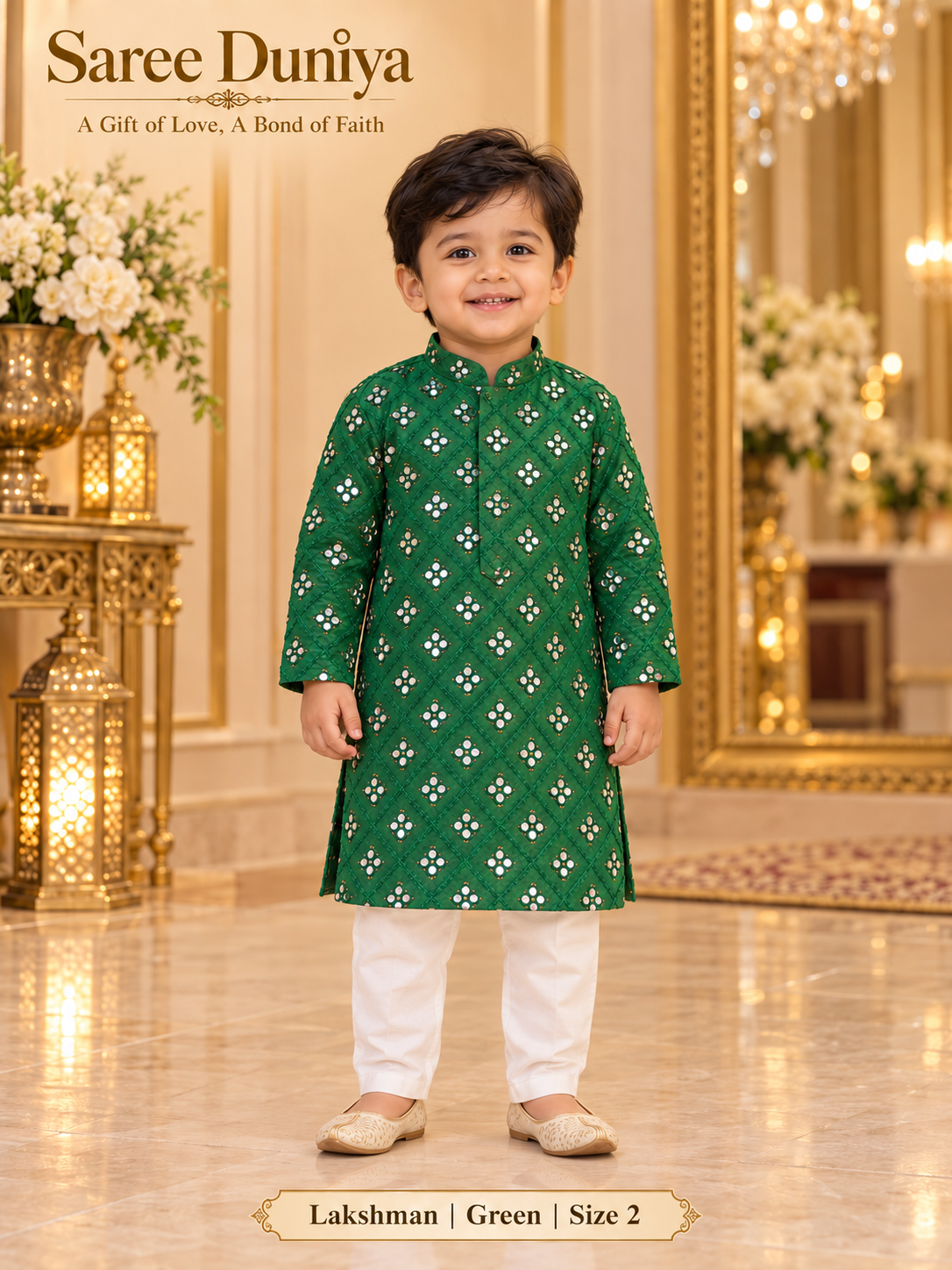 Lakshman Green size 2: age-appropriate child model wearing the embellished kurta and white polo pajama set.