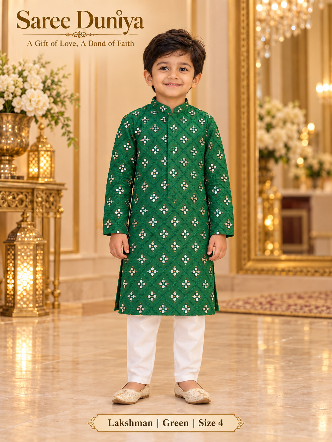 Lakshman Green size 4: age-appropriate child model wearing the embellished kurta and white polo pajama set.