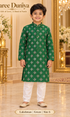 Lakshman Green size 6: age-appropriate child model wearing the embellished kurta and white polo pajama set in the Saree Duniya showroom.