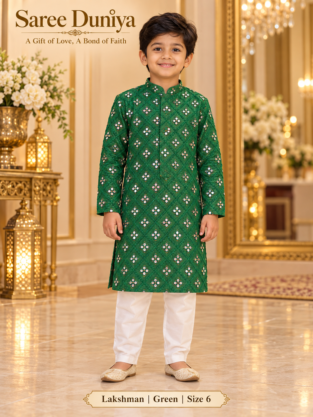 Lakshman Green size 6: age-appropriate child model wearing the embellished kurta and white polo pajama set in the Saree Duniya showroom.