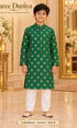 Lakshman Green size 8: age-appropriate child model wearing the embellished kurta and white polo pajama set.