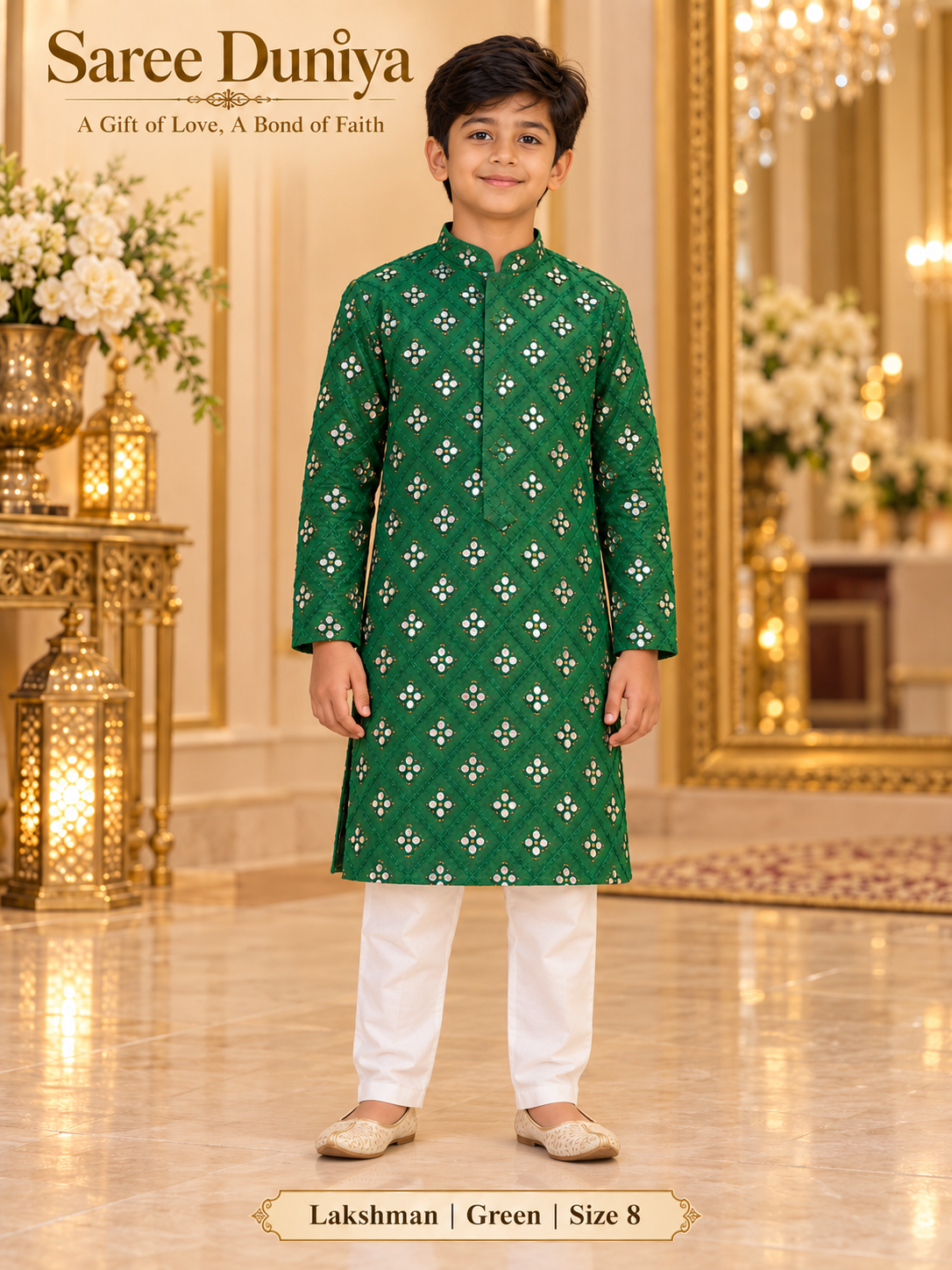 Lakshman Green size 8: age-appropriate child model wearing the embellished kurta and white polo pajama set.