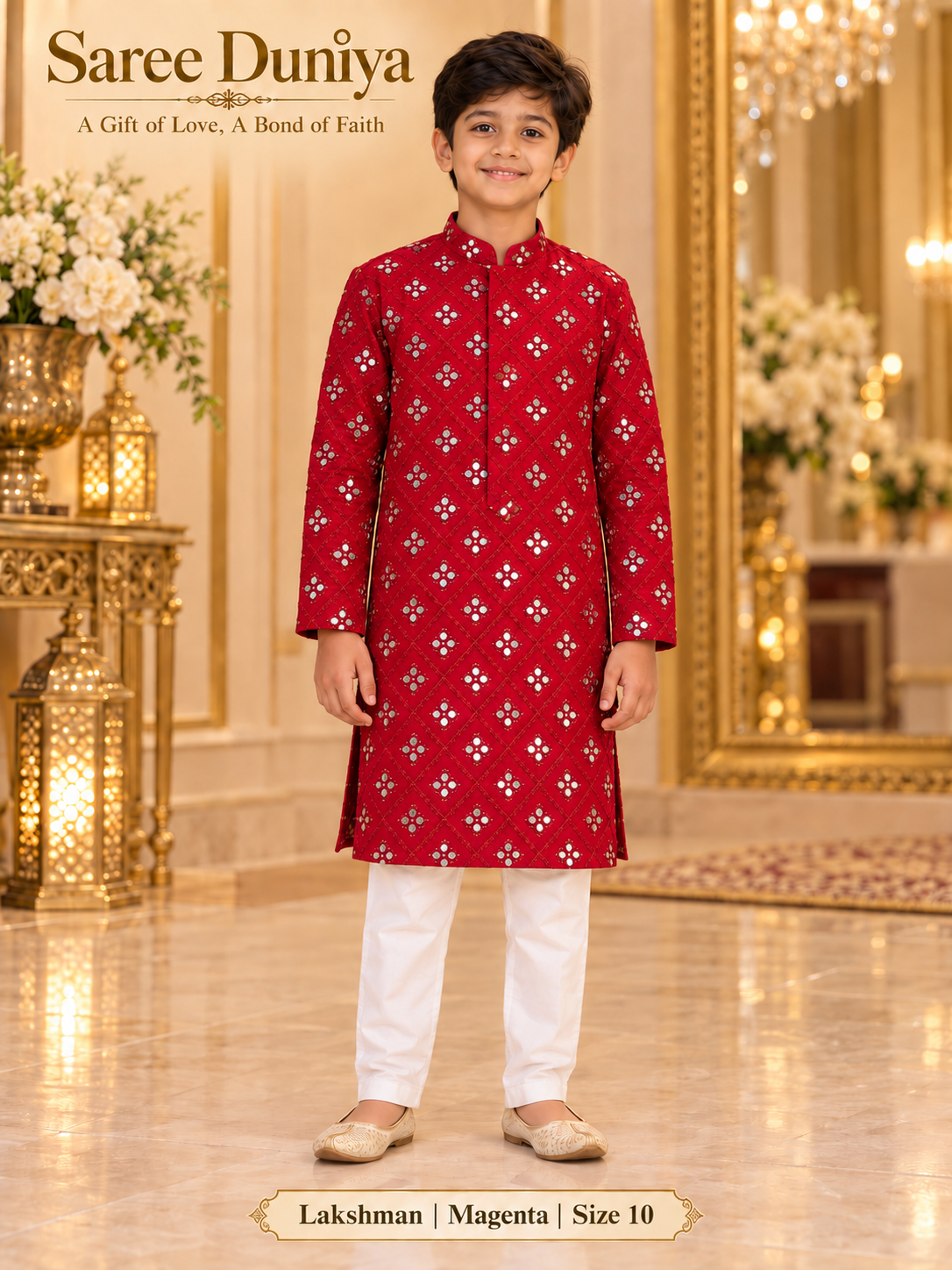 Lakshman Magenta size 10: age-appropriate child model wearing the embellished kurta and white polo pajama set.