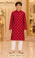 Lakshman Magenta size 12: age-appropriate child model wearing the embellished kurta and white polo pajama set.