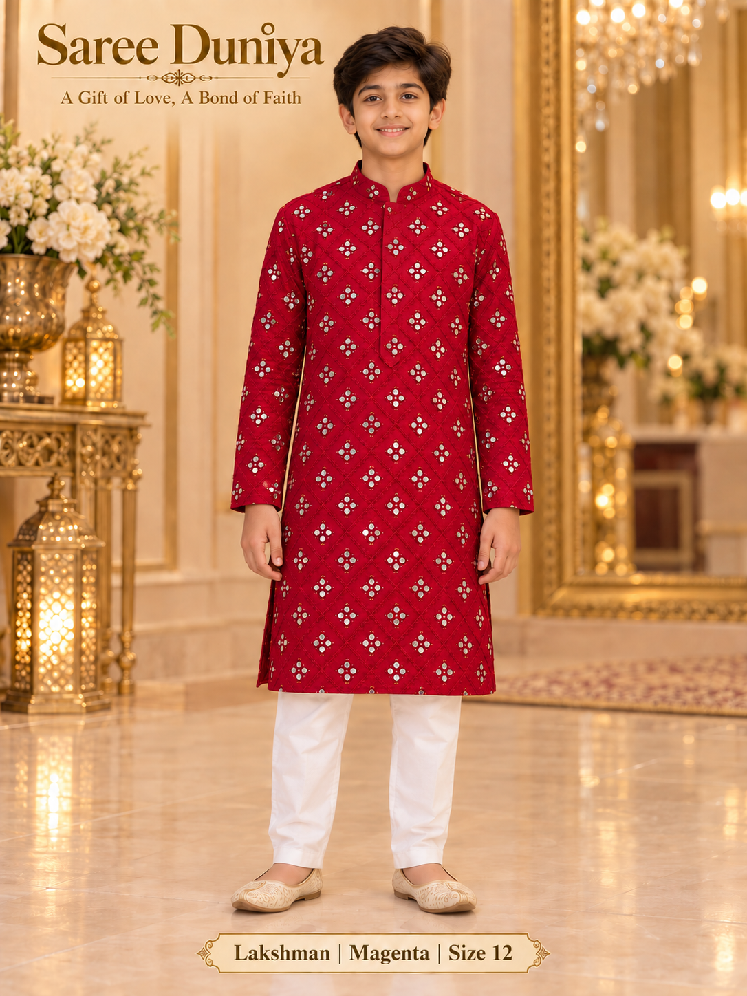 Lakshman Magenta size 12: age-appropriate child model wearing the embellished kurta and white polo pajama set.