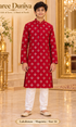 Lakshman Magenta size 14: age-appropriate child model wearing the embellished kurta and white polo pajama set.