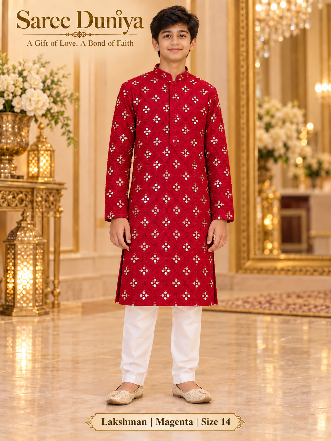 Lakshman Magenta size 14: age-appropriate child model wearing the embellished kurta and white polo pajama set.