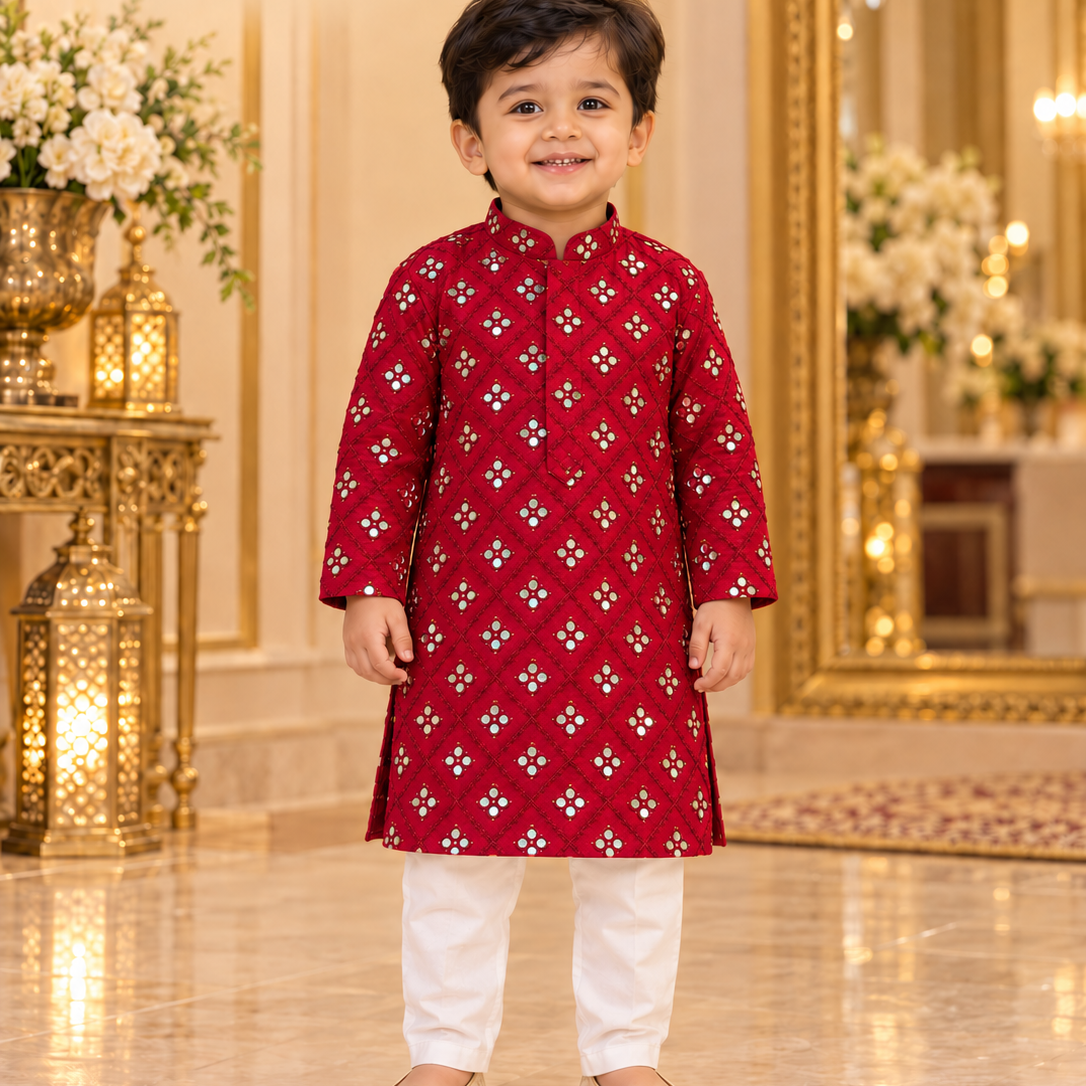 Lakshman Magenta size 2: age-appropriate child model wearing the embellished kurta and white polo pajama set.