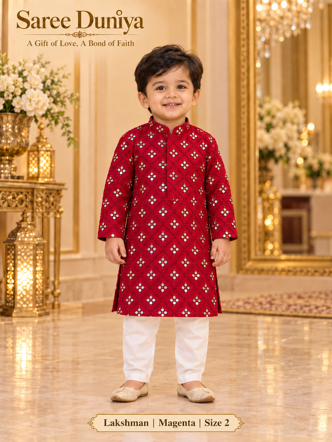 Lakshman Magenta size 2: age-appropriate child model wearing the embellished kurta and white polo pajama set.