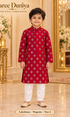 Lakshman Magenta size 4: age-appropriate child model wearing the embellished kurta and white polo pajama set.