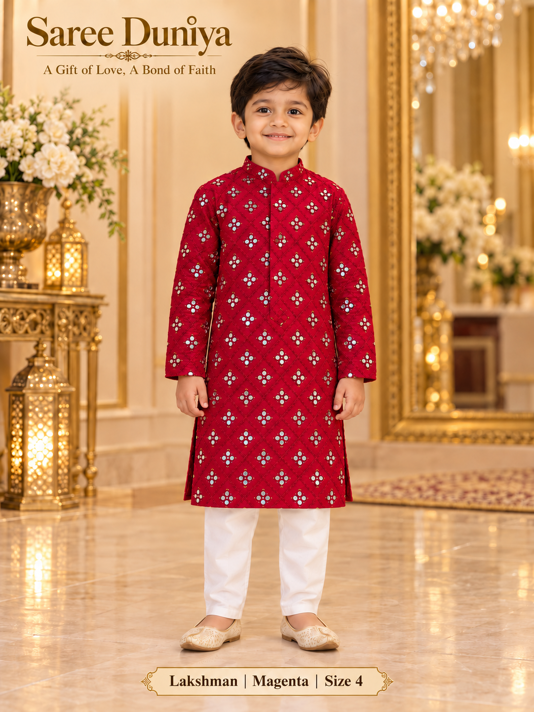 Lakshman Magenta size 4: age-appropriate child model wearing the embellished kurta and white polo pajama set.