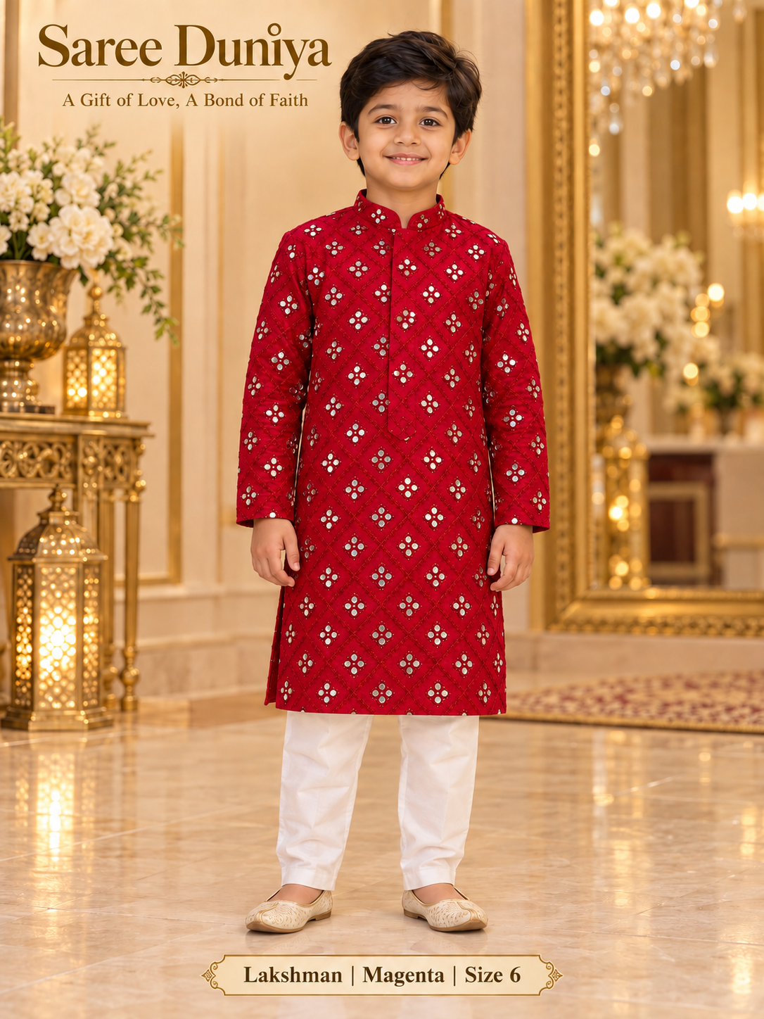 Lakshman Magenta size 6: age-appropriate child model wearing the embellished kurta and white polo pajama set.
