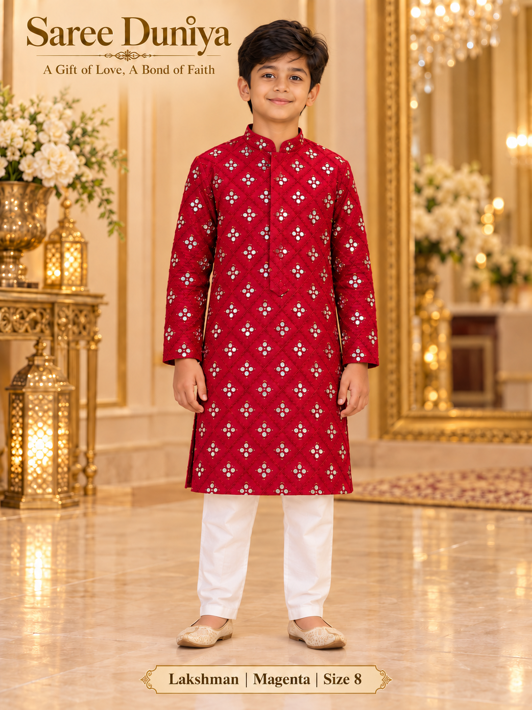 Lakshman Magenta size 8: age-appropriate child model wearing the embellished kurta and white polo pajama set.