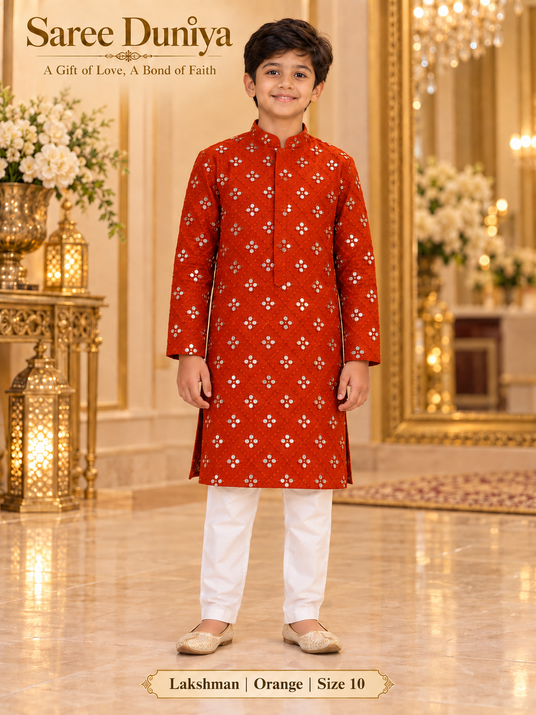 Lakshman Orange size 10: age-appropriate child model wearing the embellished kurta and white polo pajama set.