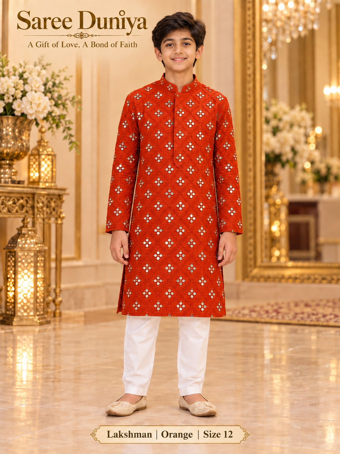 Lakshman Orange size 12: age-appropriate child model wearing the embellished kurta and white polo pajama set.