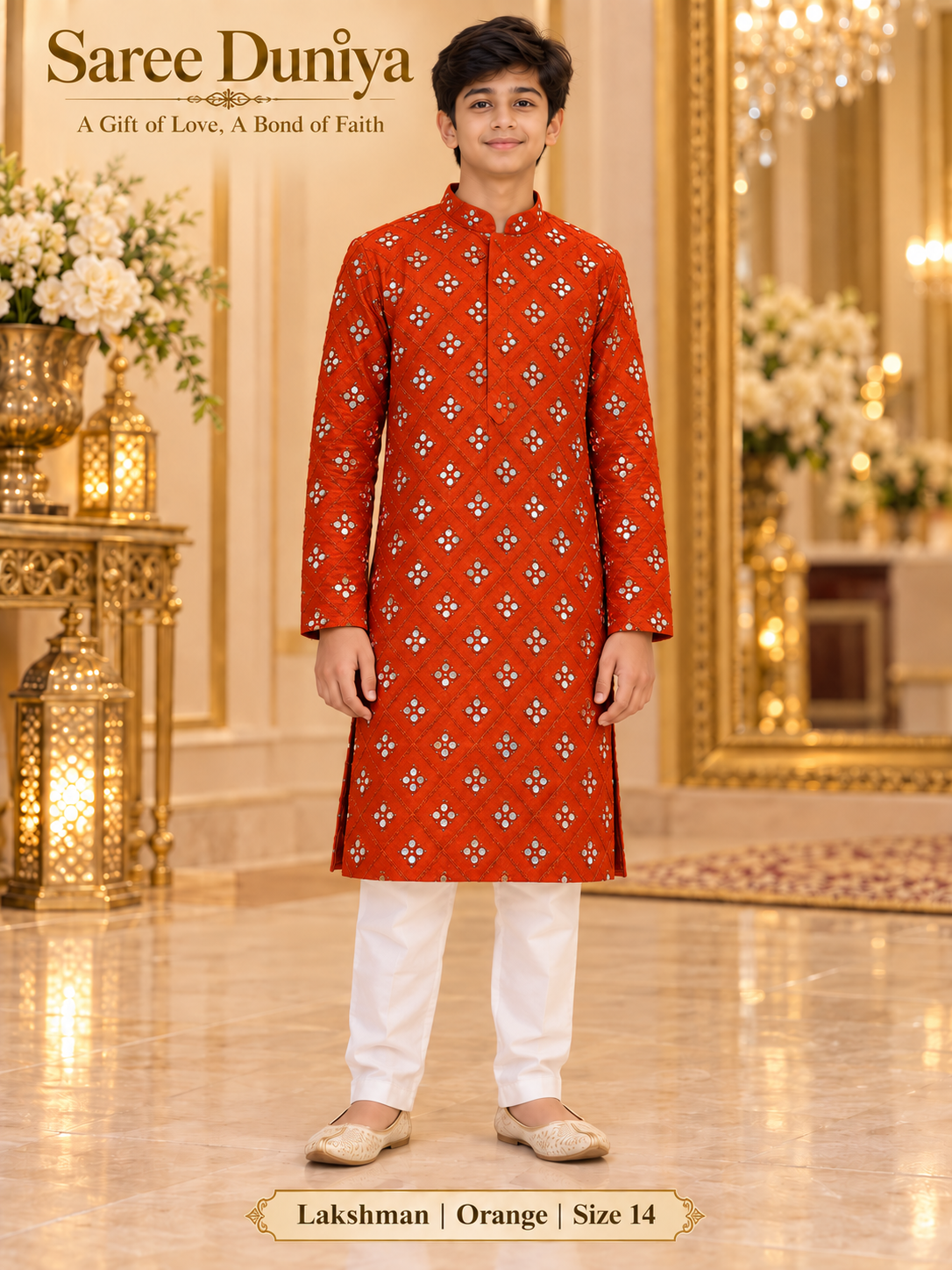 Lakshman Orange size 14: age-appropriate child model wearing the embellished kurta and white polo pajama set.