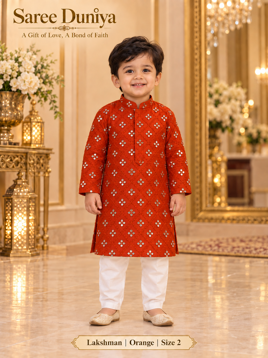 Lakshman Orange size 2: age-appropriate child model wearing the embellished kurta and white polo pajama set.
