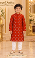 Lakshman Orange size 4: age-appropriate child model wearing the embellished kurta and white polo pajama set.
