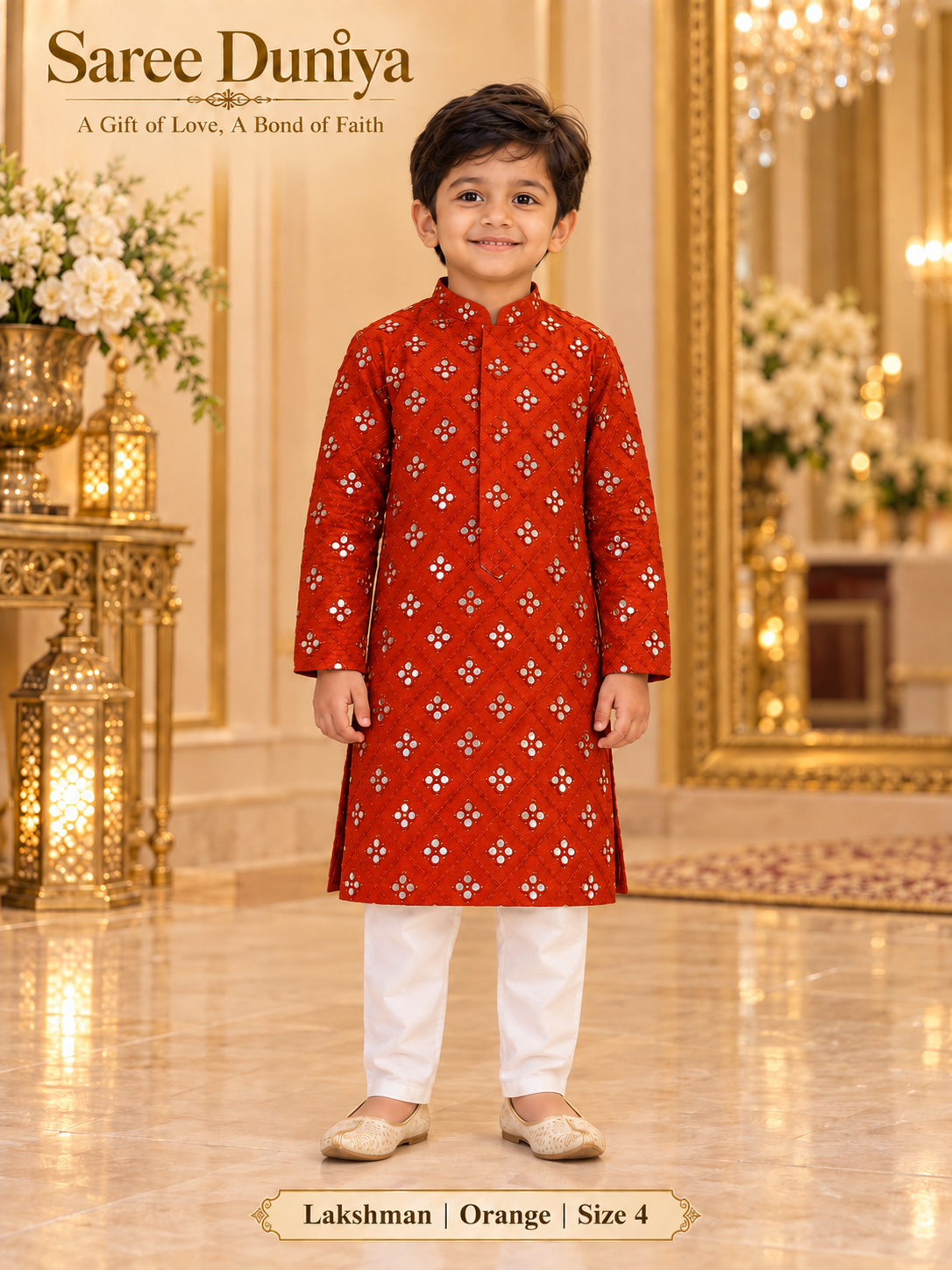 Lakshman Orange size 4: age-appropriate child model wearing the embellished kurta and white polo pajama set.