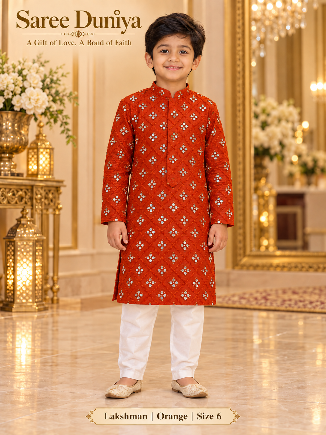 Lakshman Orange size 6: age-appropriate child model wearing the embellished kurta and white polo pajama set.