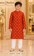 Lakshman Orange size 8: age-appropriate child model wearing the embellished kurta and white polo pajama set.