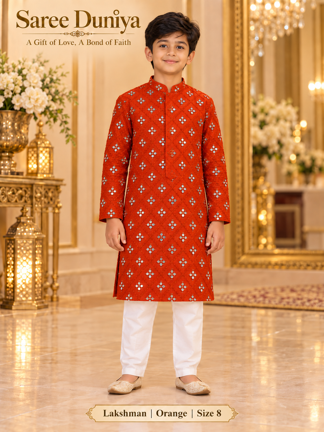 Lakshman Orange size 8: age-appropriate child model wearing the embellished kurta and white polo pajama set.