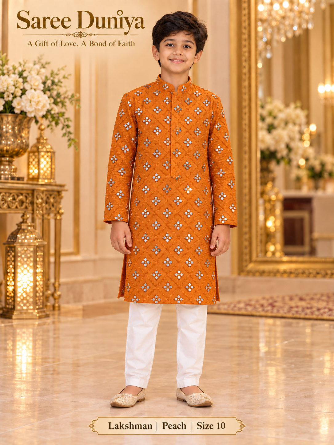 Lakshman Peach size 10: age-appropriate child model wearing the embellished kurta and white polo pajama set.