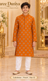 Lakshman Peach size 12: age-appropriate child model wearing the embellished kurta and white polo pajama set.