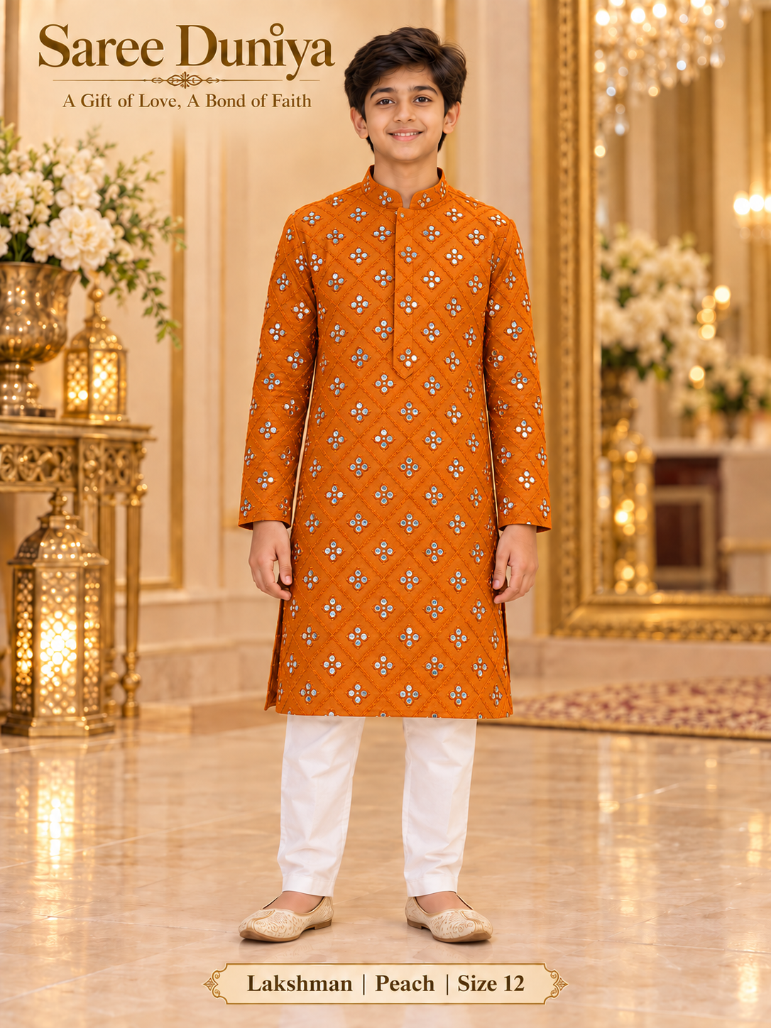 Lakshman Peach size 12: age-appropriate child model wearing the embellished kurta and white polo pajama set.