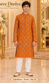 Lakshman Peach size 14: age-appropriate child model wearing the embellished kurta and white polo pajama set.